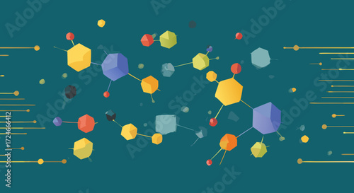 Molecular Network Illustration: A dynamic and colorful illustration showcases interconnected molecules and their abstract, yet scientifically-inspired, relationships within a complex network. 