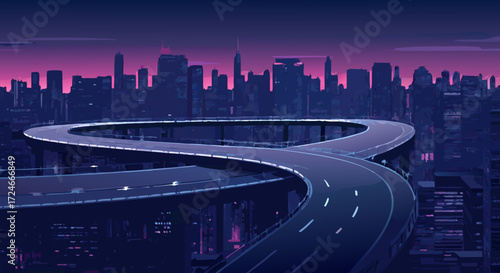 Road to Future: A visually stunning illustration showcasing a road gracefully winding through the heart of a futuristic cityscape, symbolizing journeys, progress, and the road ahead. 