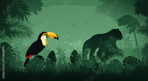 Jungle's Secrets: A toucan perches on a branch, gazing into a mystical jungle where a panther is in the shadows, blending nature's balance.