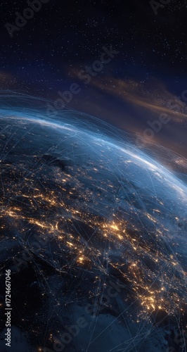 Earth at night, glowing cities, network lines