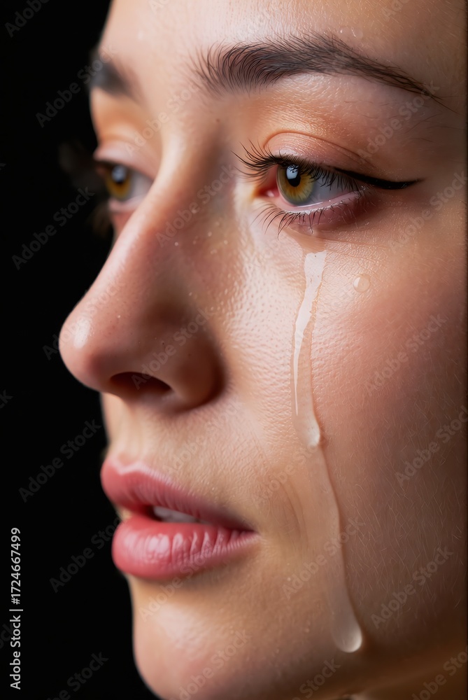 Naklejka premium Emotional expression of a woman studio portrait photography dark background close-up tears of sadness and resilience