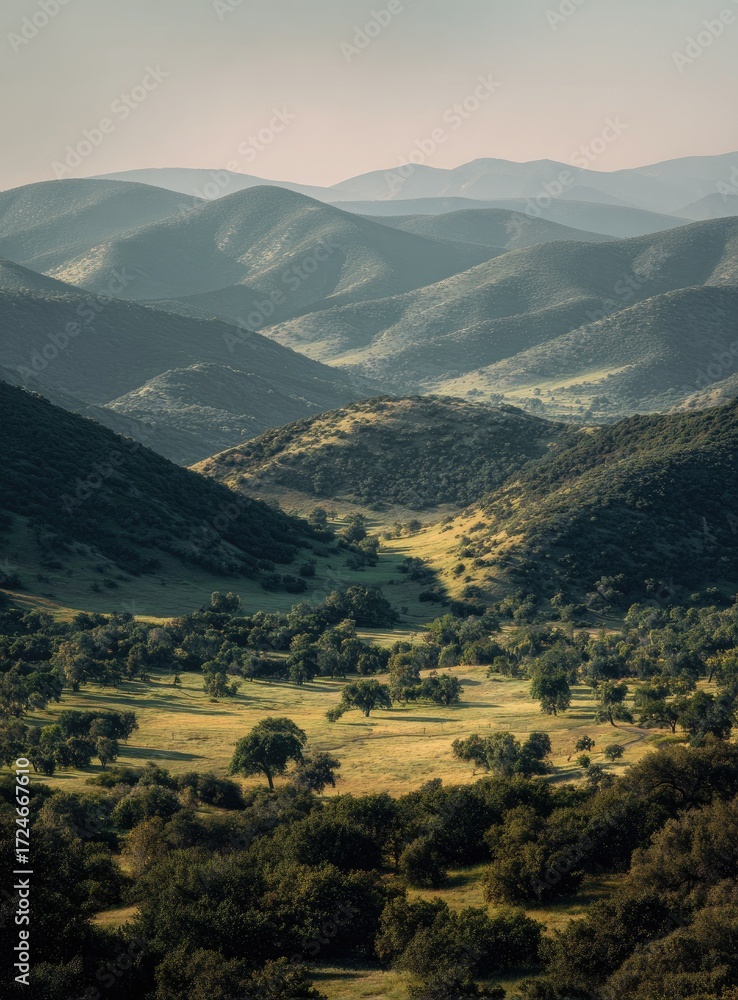 Naklejka premium Misty mountain valley, verdant hills