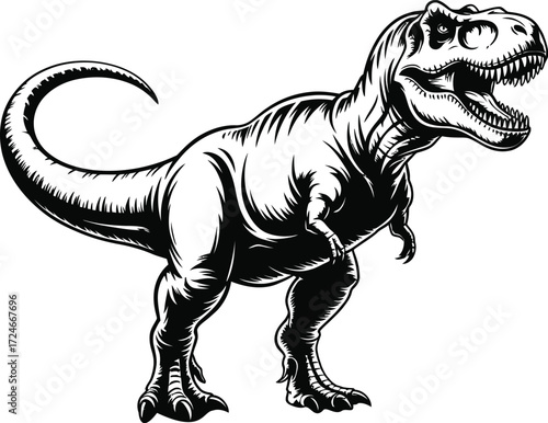 Dinosaur Silhouette Illustration Prehistoric Design, A black silhouette illustration featuring various dinosaurs in a prehistoric scene. The design includes a large Tyrannosaurus rex in the center,
