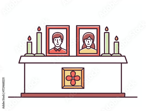 Memorial altar with portraits and candles in memory of loved ones