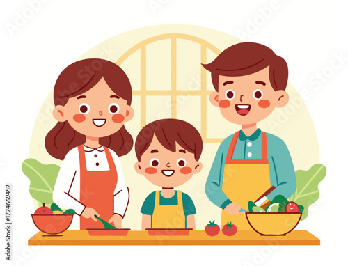Happy family cooking together preparing salad in the kitchen illustration