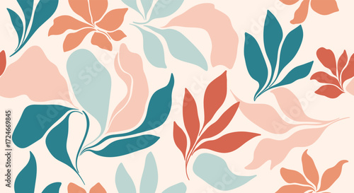 A repeating pattern of stylized leaves in muted coral and teal colors on a cream background.