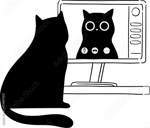 Black cat on computer screen with another cat