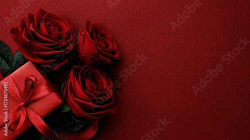 Elegant red roses and a gift box with ribbon evoke romance and celebration