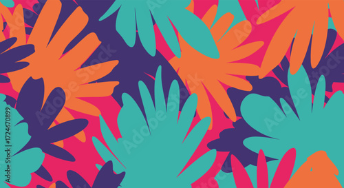 Vibrant abstract floral pattern with bold contrasting colors and organic shapes.