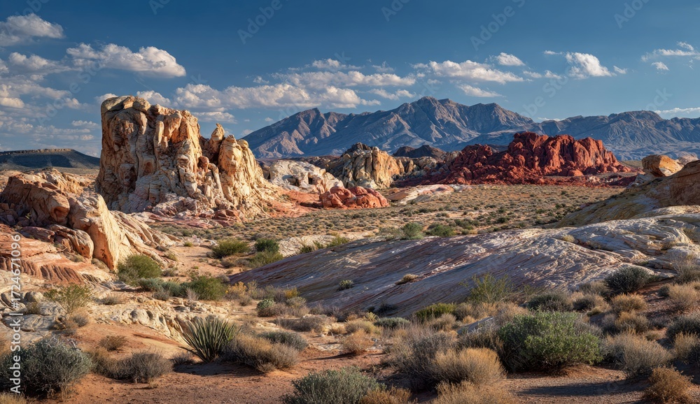 Fototapeta premium Colorful sandstone formations in a desert landscape under a partly cloudy sky