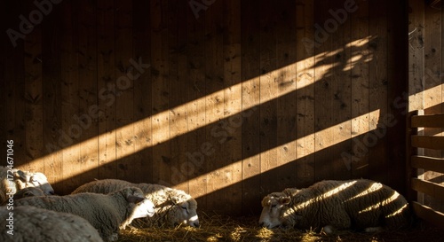 Sheep resting in barn at sunrise