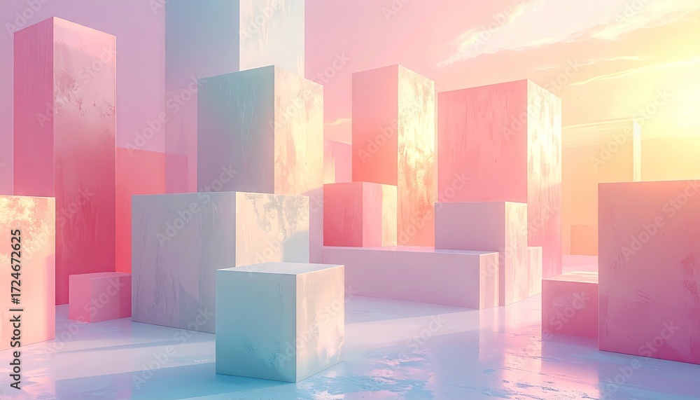 Fototapeta premium A serene and colorful scene, featuring towering, textured cubes in pastel hues, bathed in warm, ambient light.
