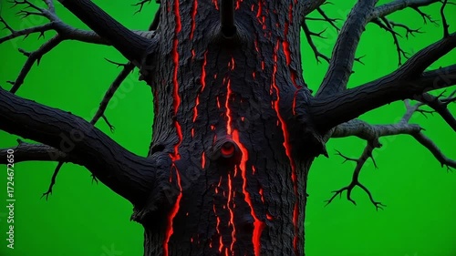 Fiery glowing cracks on a dark, gnarled tree trunk against a vibrant green backdrop