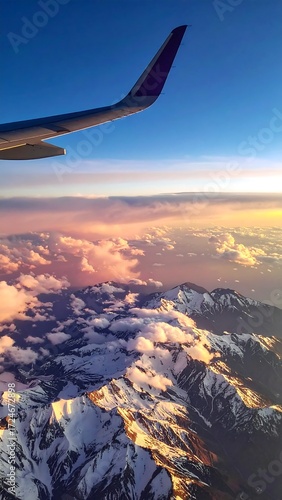 Fototapeta Naklejka Na Ścianę i Meble -  Airplane view of sunset over snow-capped mountains