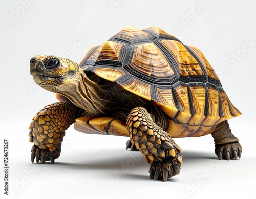 A terrestrial tortoise, textured shell with patterns, legs positioned for walking, against a plain background. Warm lighting emphasizes details