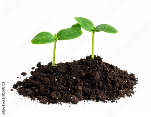 Two vibrant green seedlings emerge from rich, dark soil on a clean white background, symbolizing growth and new beginnings
