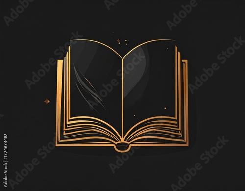 Elegant book illustration featuring golden trim and blank, black pages, set against a dark background, hinting at knowledge or storytelling