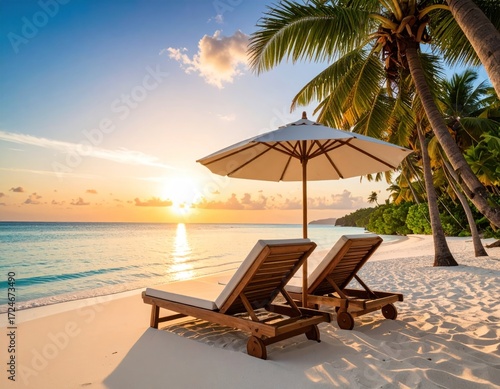 Two beach chairs under an umbrella on a white sandy beach, turquoise ocean, palm trees, with a vibrant orange sunset sky