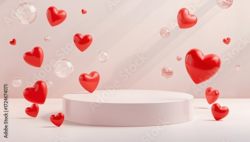 A romantic valentine s day scene with a white podium surrounded by red and clear heart shaped balloons