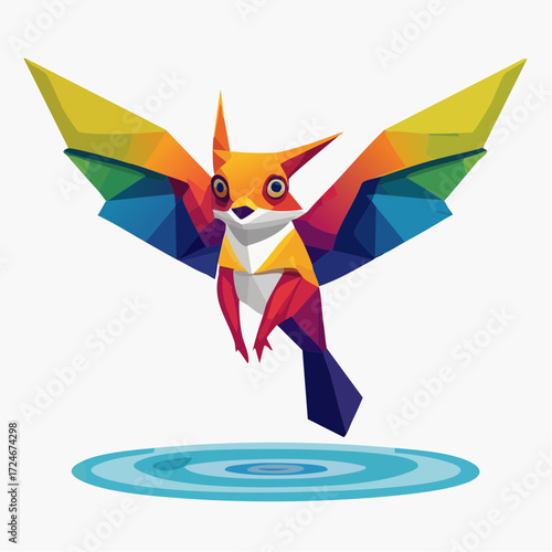 A vibrant digital illustration of a mythical rainbow-winged creature, designed in a low poly geometric style, hovering gracefully over a water ripple