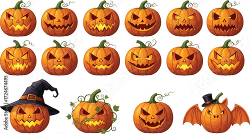 Spooky Halloween pumpkins with various carved faces and costumes, ready for trick-or-treating and festive decoration.