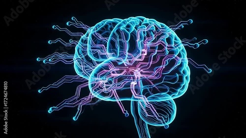Futuristic glowing brain with interconnected neural pathways and circuits, symbolizing intelligence and technology.
