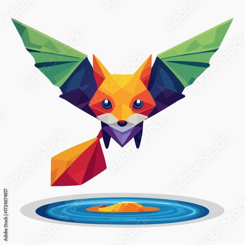 Vibrant geometric illustration of a fantastical flying fox with colorful bat wings, a creative concept of hybrid animals and imagination in a low poly style