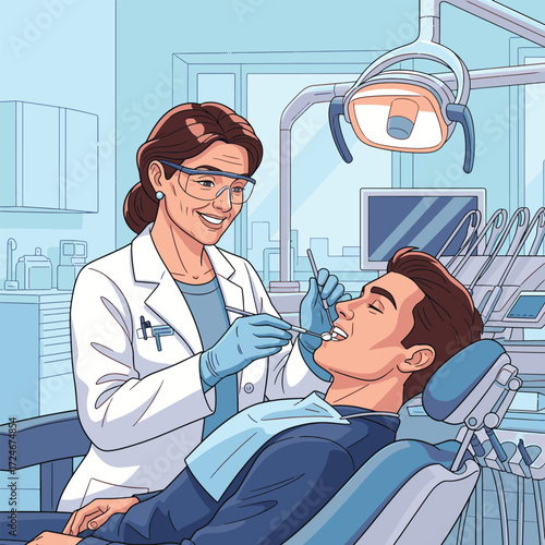 Female dentist in a white coat and gloves examining a male patient's teeth in a modern dental office.