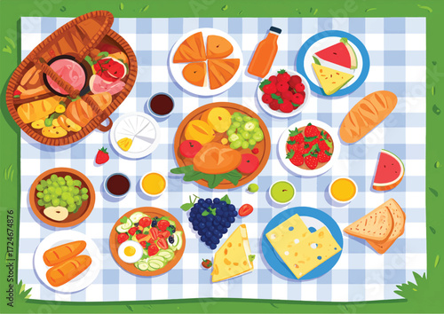 Colorful Picnic Spread on a Checkered Blanket, Overhead View with Various Food Items and Basket
