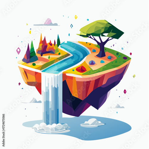 A vibrant conceptual illustration of a geometric floating island with a cascading waterfall, a stylized tree, and colorful forests, isolated on a white background