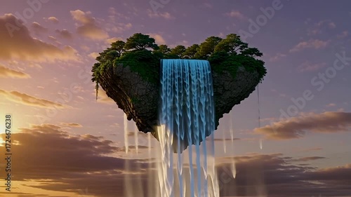 Enchanting heart-shaped island with a cascading waterfall in a serene sunset sky.