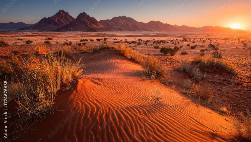 Fototapeta premium Sunrise over desert dunes. Vast, arid landscape bathed in golden light. Sand ripples, sparse vegetation, distant mountains