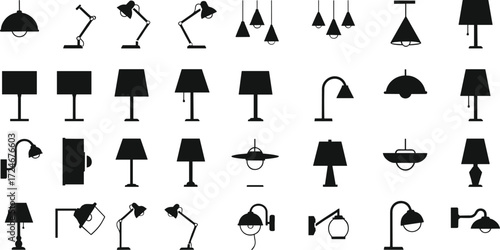 Lamp icon silhouette set, desk lamp, floor lamp, pendant light, wall lamp, black vector illustration, lighting design, home decor