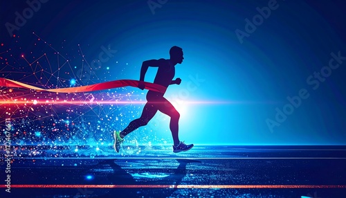 Silhouette of a runner breaking the finish line ribbon, illuminated with dynamic digital effects against a deep blue background