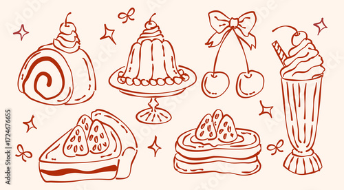 Set of hand drawn cherry and strawberry cake and dessert illustration. Strawberry pancake, milk shake, pudding, pie. Whimsical hand drawn dessert with ribbon. Pinky dessert.