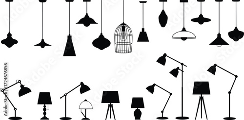 Lamp icon silhouette set, hanging lamp, standing lamp, desk light, floor lamp, black vector illustration, home lighting, interior decor