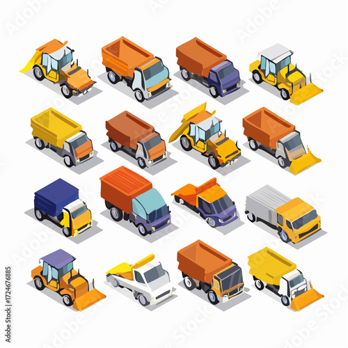 Isometric Construction and Industrial Vehicles Set.