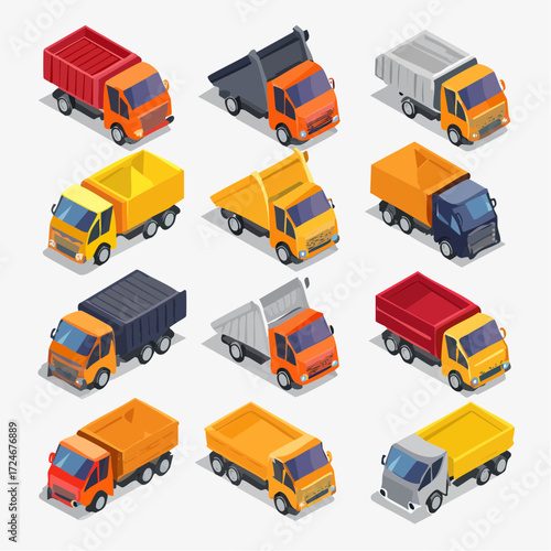 Collection of Dump Trucks in Various Colors.