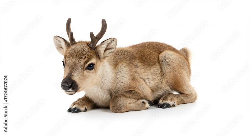 Fototapeta premium Schattig rendierkalf rust zacht tegen witte achtergrond. AI Generated