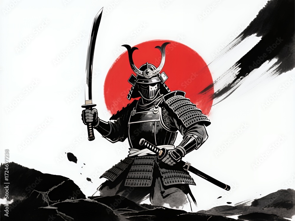 Fototapeta premium Japanese Samurai Warrior with Katana in Traditional Ink Art Illustration