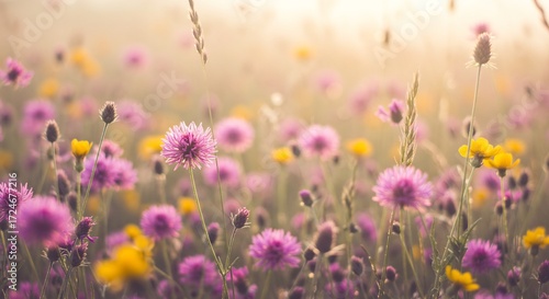 Zachte ochtendzon verlicht kleurrijke wilde bloemenweide. AI Generated