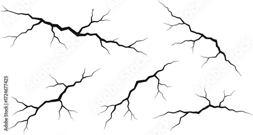 Lightning bolt silhouette set, electric crack shapes, black vector illustration, jagged energy lines, abstract fracture design, storm, power, electricity icons