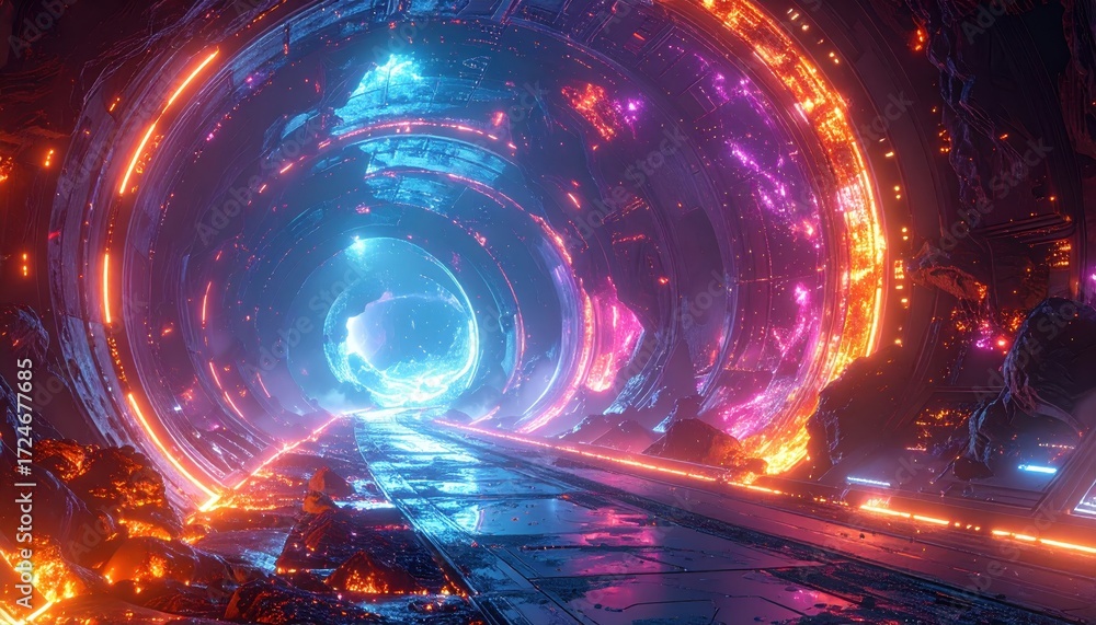 Obraz premium A vibrant, futuristic tunnel glows with otherworldly neon light, showcasing intricate, circular structures and a central orb.