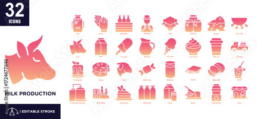 Milk Production glyph gradient icon set
