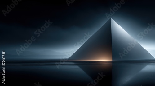 A majestic, geometric pyramid stands sentinel over a tranquil, dark reflective water surface, bathed in a dramatic, muted light.