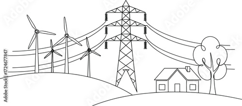 Renewable energy landscape illustration, wind turbines, power lines, transmission tower, eco house, black and white vector, sustainable electricity, rural grid