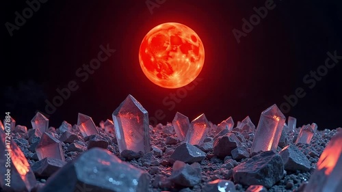 Mysterious red moon illuminates a landscape of glowing crystals under a dark sky.