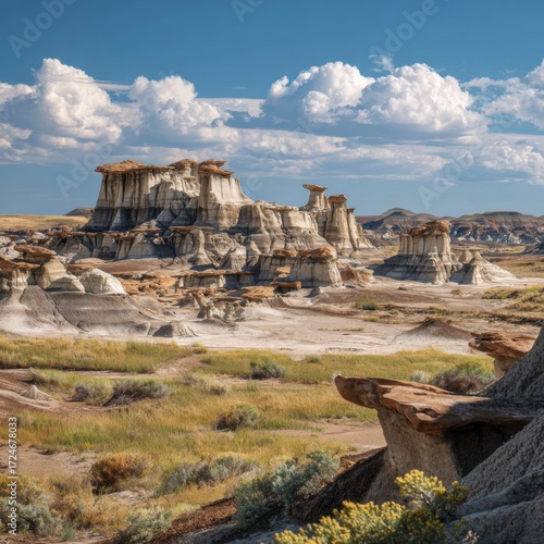 Colorful badlands landscape under a blue sky