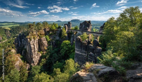 Panoramic view of a sandstone landscape with a bridge