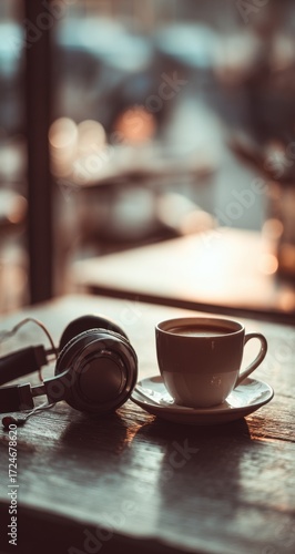Coffee and Headphones in a Cafe